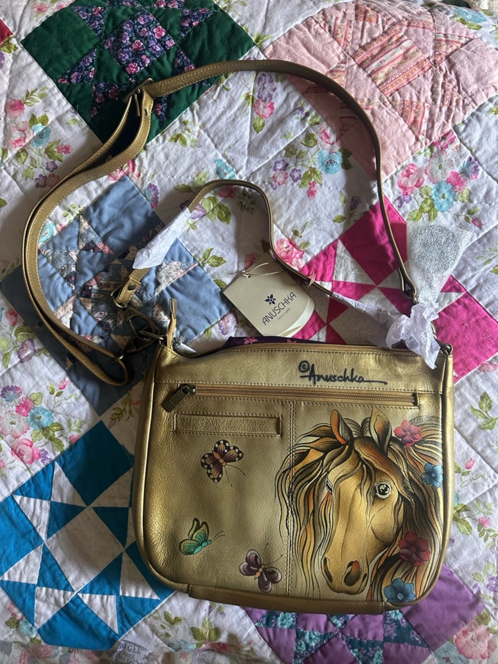 Anuschka Gold Hand-Painted Horse & Butterfly Crossbody Bag
